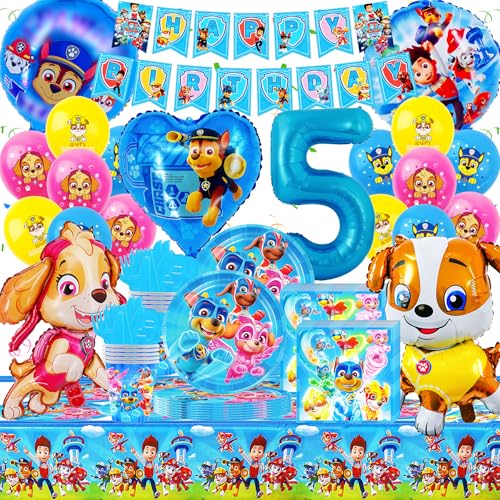 Paw Patro Geburtstag Deko 5 Jahre, 93 Stück Paw Patro Geschirr Geburtstag Partydekoration Junge, Gozuein Hund Dog Geburtstagsdeko mit Banner Ballon Pappteller Tischdecke Servietten Theme Party Set von Gozuein