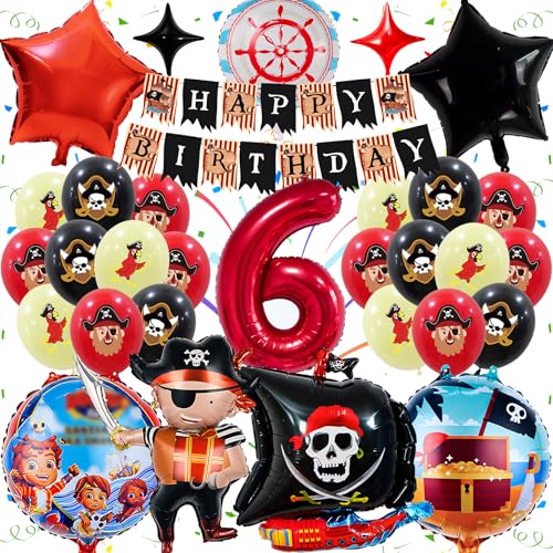 Piraten Deko Kindergeburtstag Luftballon Set, Gozuein Piraten Geburtstagsdeko 6 Jahre, 32 Stück Piraten Geburtstag Deko Mädchen Junge, Happy Birthday Banner mit 3D Folienballons Geburtstag Thema Set von Gozuein
