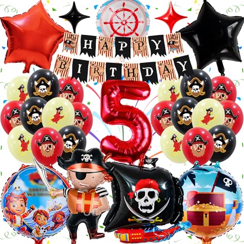 Piraten Deko Kindergeburtstag Luftballon Set 5 Jahre, Gozuein Piraten Geburtstagsdeko, 32 Stück Piraten Geburtstag Deko Mädchen Junge, Happy Birthday Banner mit 3D Folienballons Geburtstag Thema Set von Gozuein