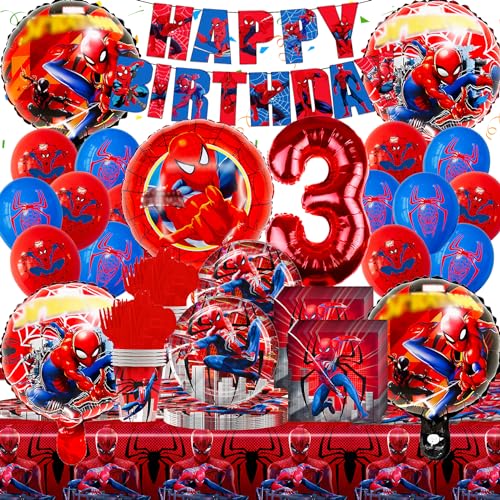 Party Kindergeburtstag für Spiderman Geburtstagsdeko 3 Jahre, Spiderma Geburtstagsdeko Partygeschirr Set, Gozuein Spider Kindergeburtstag Dekoration Teller Becher Luftballons Servietten Tischdecke von Gozuein