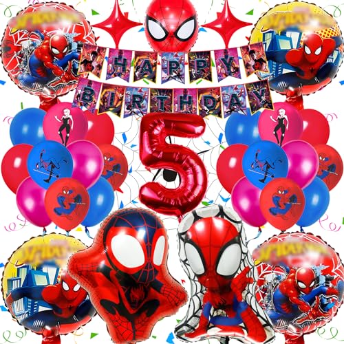 Spiderma Geburtstagsdeko 5 Jahre, 32 Stück Spider Deko Geburtstag Kinder Set, Gozuein Spider Kindergeburtstag Deko, Kit Spiderma Party Deko Geburtstag mit 3D Spiderma Luftballons Banner Junge Mädchen von Gozuein