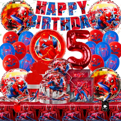 Geschirr für Spiderman Deko Geburtstag, Spiderma Geburtstagsdeko 5 Jahre, Gozuein 93 Stück Spider Kindergeburtstag Themed Party Dekoration Teller Becher für Spiderman Luftballons Servietten Tischdecke von Gozuein