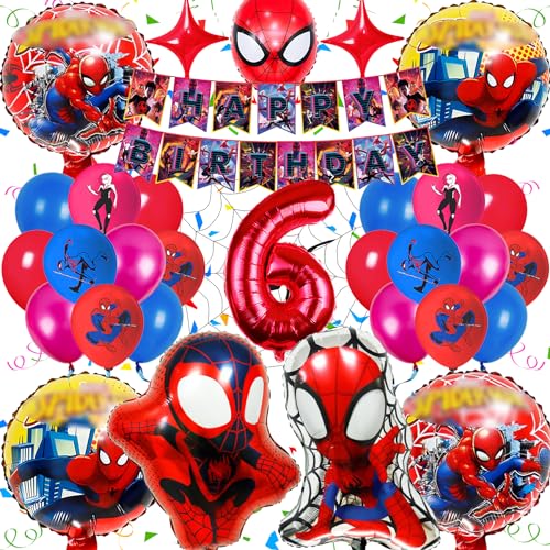 Spiderma Geburtstagsdeko 6 Jahre, Gozuein Spider Kindergeburtstag Deko, 32 Stück Spider Deko Geburtstag Kinder Set, Kit Spiderma Party Deko Geburtstag mit 3D Spiderma Luftballons Banner für Junge von Gozuein