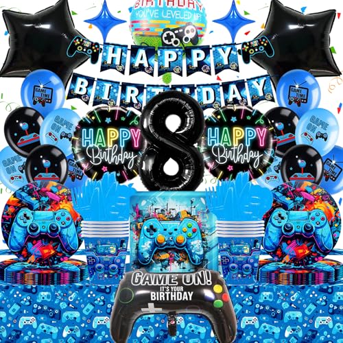 Videospiel Geburtstagsparty Deko 8 Jahre, Gozuein Gamer Geburtstagsdeko Partygeschirr, 3D Gamecontroller Ballon Banner Tischdecke Pappteller Servietten Pappbecher Blau Gamer Gaming Party Deko Junge von Gozuein