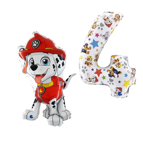 Grabo Für Paw Patrol Luftballon-Set Made in Italy. Set aus zwei Paw Patrol Luftballons mit Marshall und passender Nummer 4. Set für Geburtstagspartys zum Thema und mehr. Bunte Folienballons von Grabo