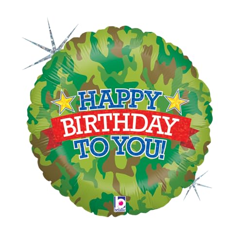 Folienballon Happy Birthday 46 cm im Camouflage-Design – Rund, holografisch und perfekt für Geburtstagsfeiern – Hochwertige Helium- und Luftdeko – Partyballon hergestellt in Italien von Grabo