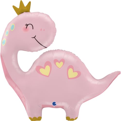 Folienballon Dinosaurier rosa 71 cm, mit Krone und Herzmotiven, perfekte Dino-Dekoration für Kindergeburtstage & Motto-Partys WIEDERVERWANDBAR (Dino Pink) von Grabo