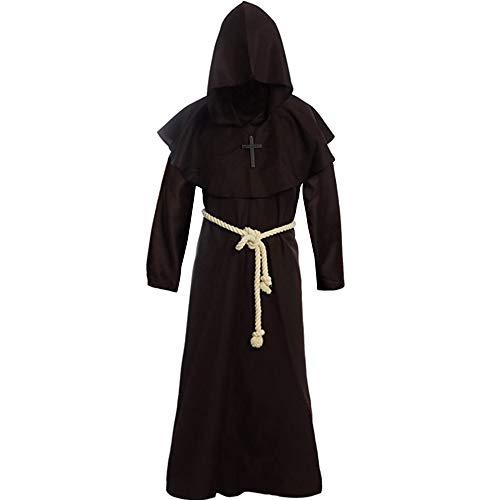 GraduatePro Mönch Robe Priester Gewand Männer, Halloween Kostüm Mönchskutte Mittelalterliche Robe mit Kapuze, Priester Herren Party Cosplay Umhang (L, Braun) von GraduatePro