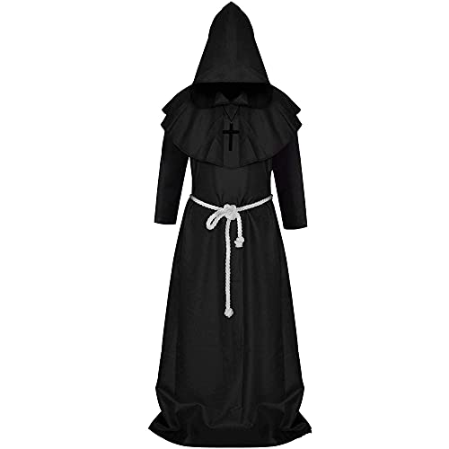 GraduatePro Mönch Robe Priester Gewand Männer, Halloween Kostüm Mönchskutte Mittelalterliche Robe mit Kapuze, Priester Herren Party Cosplay Umhang (L, Schwarz) von GraduatePro