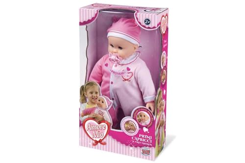 Grandi Giochi Amore Mio Prime Capricci – Liebespuppe, Babyspielzeug mit rosa Schlafanzug, 48 cm, Puppe mit Schnuller für Kinder ab 2 Jahren von Grandi Giochi