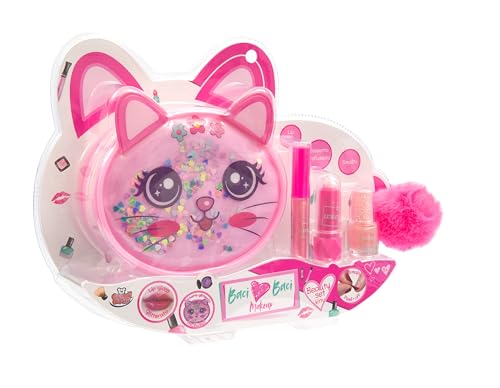 Grandi Giochi Baci Baci – Make-up-Set mit glitzernder Tasche in Katzenform, Nagellack, Lippenpflegestift und rosafarbenem Lipgloss mit Glitzer, für Mädchen ab 3 Jahren von Grandi Giochi