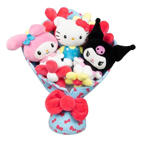 Grandi Giochi Hello Kitty – Plüschstrauß mit Hello Kitty, Kuromi und My Melody – 3 Plüschtiere von 12 cm und weichen Blumen für besondere Anlässe – romantisch und lustig von Grandi Giochi