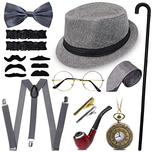 1920er Herren Accessoires, 1920er Gangster Kostüm Rock Mafia Flapper Make-up Accessoire Set Stock, Brille, Taschenuhr, Fliege, Zylinder (Grau)… von Grantop