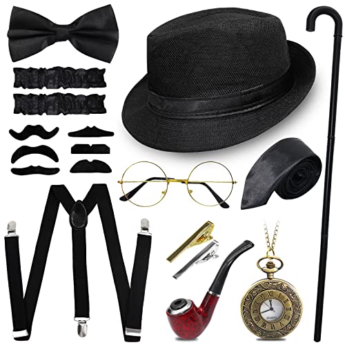 1920er Herren Accessoires, 1920er Gangster Kostüm Rock Mafia Flapper Make-up Accessoire Set Stock, Brille, Taschenuhr, Fliege, Zylinder (Schwarz)… von Grantop