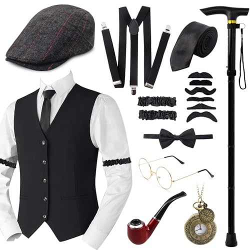 1920s Jahre Herren Accessoires, 20er Gangster Kostüm, Herren Accessoires Mafia Gatsby Kostüm Set, Weste Fedora Hut Schnurrbart für Mann Karneval Fasching Halloween Cosplay (Baskenmützen, XL) von Grantop