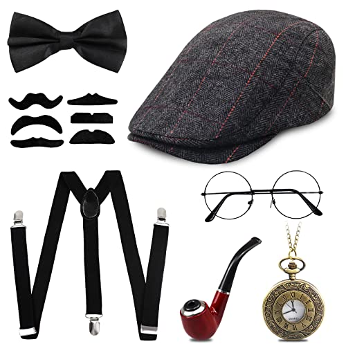 1920er Herren Zubehör Gatsby Gangster Kleidung Kostüm Cosplay Outfit,20er Kostüm Zubehör Set,Hut, Metallbrille, Rohr, Krawatte，Bart，Hosenträger Kostüm Herre 20er für Mann Halloween Cosplay von Grantop