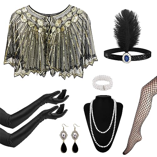 1920er Jahre Flapper Great Gatsby Zubehör Set, Mode 20er Jahre Themen-Set, Zubehör 20er Jahre Damen mit Schal Stirnband Handschuhe schwarz Halskette Ohrringe für Damen von Grantop