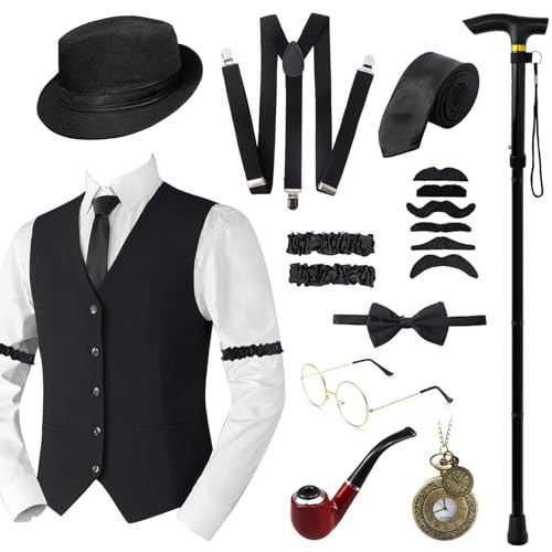 1920er Jahre Gatsby Kostüm für Herren, 1920er Jahre Herren Verkleidung Weste Zubehör Set, Retro Gangster Kostüm Kit mit Weste Hut Faltbare Metall Krücken Strapse Schnurrbart Pfeife Brille Krawatte von Grantop