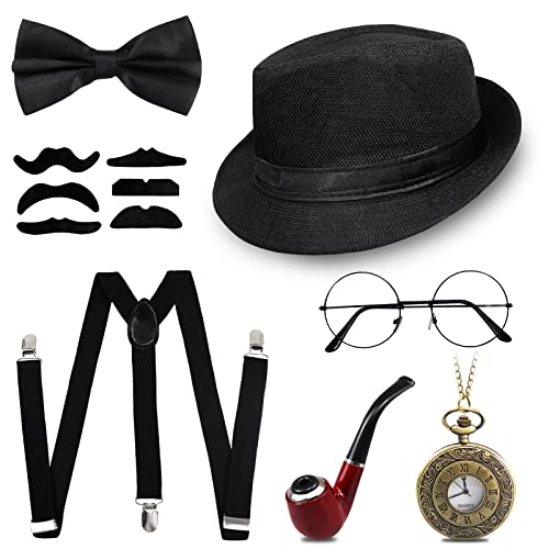 1920s Jahre Herren Accessoires, 20er Gangster Kostüm, Herren Accessoires Mafia Gatsby Kostüm Set, Panama Hut Elastisch Hosenträger Schnurrbart und Taschenuhr Zigarre… von Grantop