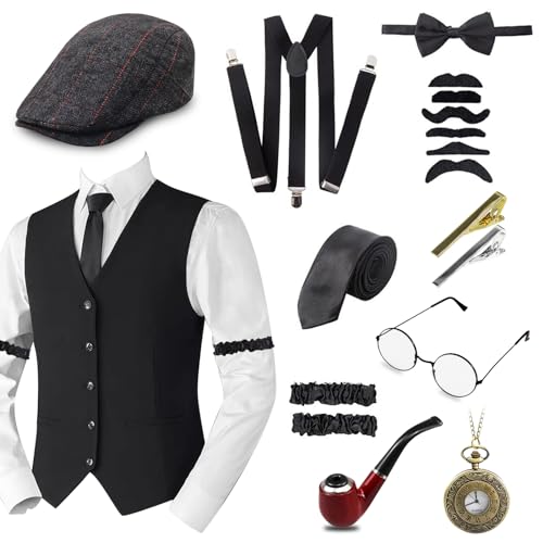 20er Jahre Herren Accessoires Set, Mafia Karneval Kostüm Herren, 1920 Kostüm Zubehör Set mit Panama Hut Verstellbarem Hosenträger Krawatte Brille Peaky Blinders Kostüm Gatsby Kostüm von Grantop