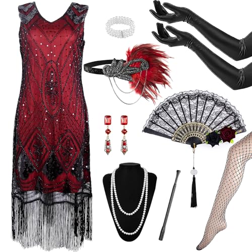 20er Jahre Kostüm Damen,1920er Charleston Kleid,1920er Jahre V-Ausschnitt mit 20er Jahre Accessoires,mit Flapper Stirnband Handschuhen Perlenkette Ohrringen,für Halloween Fasching Accessoires Damen von Grantop