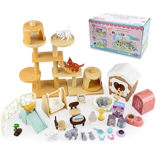 53-teiliges Haustier-Spielspielzeug, Katzenfiguren, Spielset mit Katzenfutterplatte, Rutschspielzeug, Katzenhaus-Möbelspielzeug für Puppenzubehör, pädagogisches Spielzeug, Geschenk für Kinder, Jungen, von Grantop