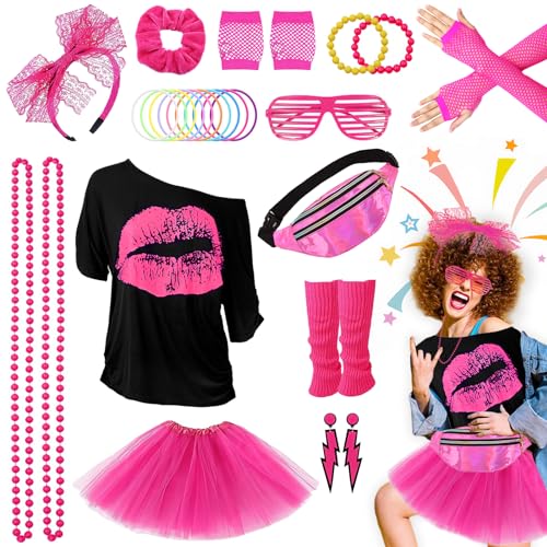 Grantop 28PCS 80er 90er Jahre Outfit Damen Set,80er Jahre Kleidung Kostüm,T-Shirt,Tutu,Bauchtasche,Ohrring,Netzhandschuhe,80er Retro Party Accessoires,kostüm 80er jahre damen Karneval Cosplay Party von Grantop