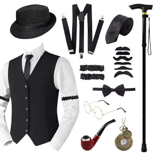 Grantop 1920s Jahre Herren Accessoires, 20er Jahre Herren Accessoires, Mafia Karneval Kostüm Gatsby Kostüm Set, Weste Fedora Hut Schnurrbart für Mann Karneval Fasching Halloween Cosplay(Schwarz, M) von Grantop