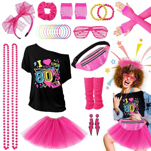 Grantop 28PCS 80er 90er Jahre Outfit Damen Set,80er Jahre Kleidung Kostüm,T-Shirt,Tutu,Bauchtasche,Ohrring,Netzhandschuhe,80er Retro Party Accessoires,kostüm 80er jahre damen Karneval Cosplay Party von Grantop