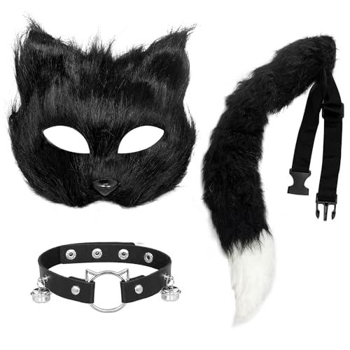 Grantop 3-teiliges Fellmasken-Set, pelzige Therian-Maske und Therianschwanz + Handschuhe, Katzenmaske und Therianschwanz, pelziger Fuchs, Wolf, Cosplay-Set für Halloween, Karneval, Cosplay, von Grantop