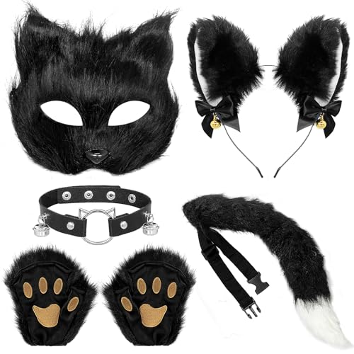 Grantop 5-teiliges Fellmasken-Set, pelzige Therian-Maske und Therianschwanz + Handschuhe, Katzenmaske und Therianschwanz, pelziger Fuchs, Wolf, Cosplay-Set für Halloween, Karneval, Cosplay, von Grantop