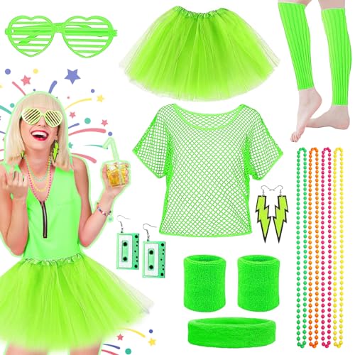 Grantop 80er 90er Jahre Outfit Damen Set, Kostüm Zubehör Set Accessoires Retro Set, Kostüm Zubehör Accessoires Set, Mesh-T-Shirt, Beinstulpen, Halskette, Ohrring, Brille für Karneval Party(Grün) von Grantop