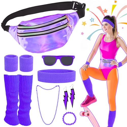 Grantop 90er 80er Jahre Outfit Damen Set, 80er Jahre Kleidung Damen Set, 80er Jahre Kostüm Damen mit Ohrring Halskette Bauchtasche Stirnband Armband Sonnenbrille Beinlinge für Karneval Party von Grantop