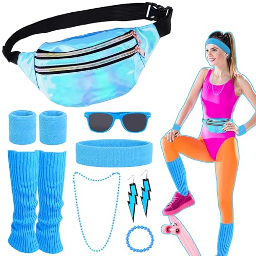 Grantop 90er 80er Jahre Outfit Damen Set, 80er Jahre Kleidung Damen Set, 80er Jahre Kostüm Damen mit Ohrring Halskette Bauchtasche Stirnband Armband Sonnenbrille Beinlinge für Karneval Party von Grantop