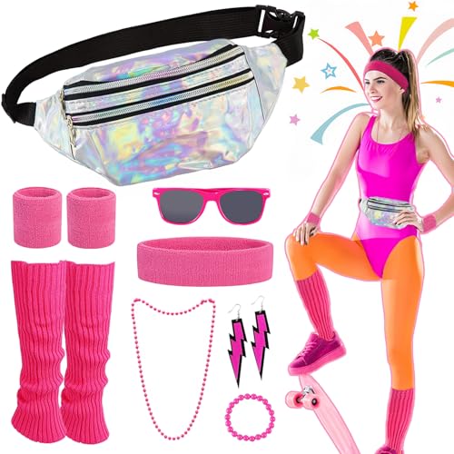 Grantop Damen 80er Jahre Kostüm Set, 80er Jahre Kleidung Damen Set mit Hüfttasche, Beinwärmer, Armbänder, Brille, Stirnband, Halskette, Ohrringe und Armbänder für Karneval Party von Grantop