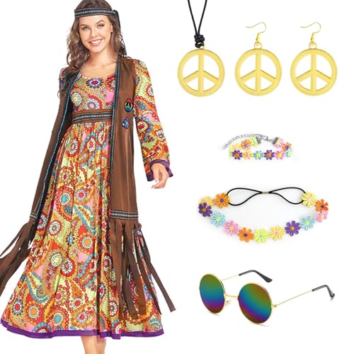 Grantop 9PCS Hippie Kleidung Damen Set,60er Jahre Kostüm Damen,Hippie Kostüm Set mit Brille Haarband Halskette Ohrringe,60er 70er Jahre Hippie Kleid,Disco Halloween Outfits, Karneval Cosplay Party von Grantop