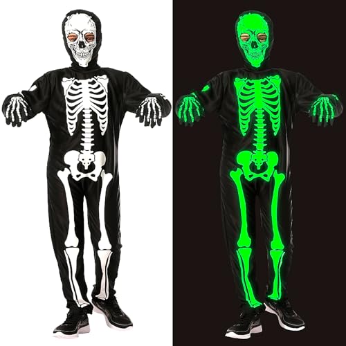 Grantop Fancy Dress Up,Party Skelett-Kostüm für Kinder Glow,Halloween-Kostüm für Junge,Skelett Halloween Kostüm Kinder,für Halloween, Karneval, Kinderkostüm Skelett (L) von Grantop