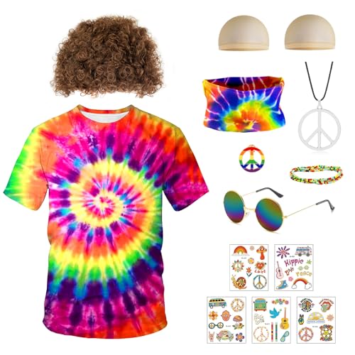 Hippie-Kostüm für Herren und Damen Set, Hippie Kostüm Set, 60er 70er Jahre Outfit Hippie Kostüm Herren Damen Hippie T-Shirt Perücke Brille Peace Halskette Stirnband Fasching Karneval Cosplay Party von Grantop