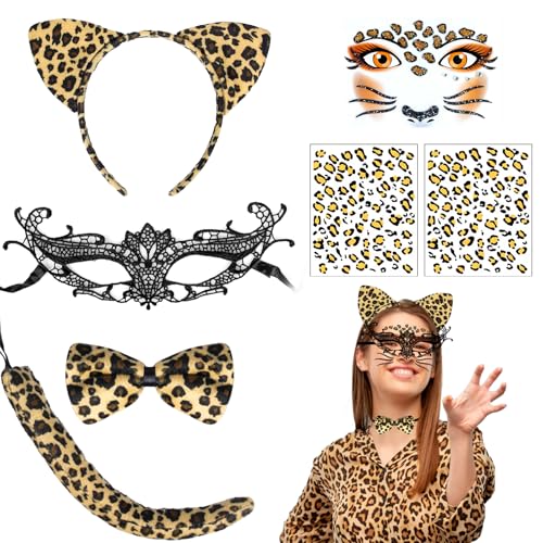 Grantop Leoparden Kostüm Set,Face Art Sticker Leopard,7 Stück Leopard Kostüm Zubehör,Tier Leopard Stirnband Fliege,Leopard Schwanz,Spitzenmaske,Leoparden Kostüm Damen von Grantop