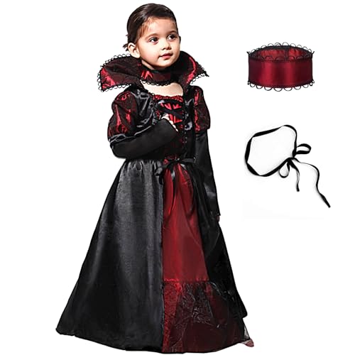 Vampir Kostüm Mädchen,Königin Kostüm Vampir Kleid,mit Vampir Halskette und Band,Gothic Vampirkostüm Dracula Kostüm Kinder,Vampirkostüm Halloween Verkleidung,für Mädchen Fasching Karneval Cosplay von Grantop