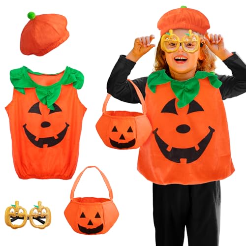 Grantop Halloween Kostüm Kürbis Kinder,Halloween Kürbiskostüm Anzug,mit Kürbis Candy Bag,Hut,Brille,Kürbis-Cosplay Kürbis Faschingskostüme,Kinder Halloween Kostüm,für Jungen und Mädchen 3-10Jahre von Grantop