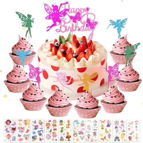 Granvoo 31 Pcs Glitter Cupcake Toppers Set for Kids' Birthdays, Girls' Parties, Fairy Themed Decorations Fairy Party Decoration Cake Topper Decoration, Girls Cake Topper Decoration Fairies Birthday von Granvoo