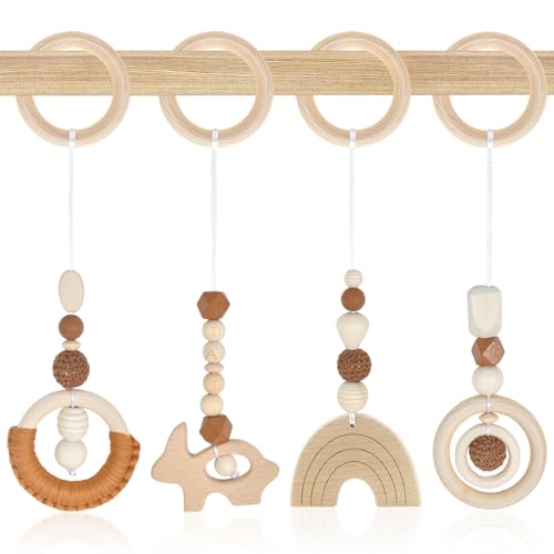 Spielbogen Baby Spielzeug ab 0 Monate, 4 Stück Spielbogen Baby Holz Anhänger, Hängende Spielzeug Baby für Babyschale Kinderwagen Autositz Spielzeug (Braun) von Granvoo