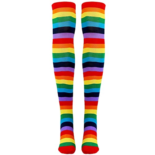 Graootoly Bunte Regenbogen-gestreifte Socken über dem Knie, Clown-Kostüm, hohe Strümpfe für Halloween, Cosplay-Partys von Graootoly