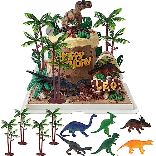 Graplan Kuchendeko Dinosaurier Set 10 Stück Dino Tortendeko, Dinosaurier Deko Torte, Deko Palme Kuchenaufsatz, Dino Geburtstag Deko, Cake Topper Dinosaurier für Junge Geburtstag Party von Graplan