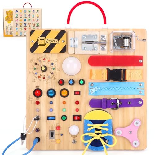 23 in 1 Busy Board Montessori Spielzeug ab 1 jahr Activity Board Spielzeug ab 2 3 jahre Holzspielzeug Sensory Spielzeug mit 15 Schalter,26 LED-Leuchten,Spieluhr,Schloss,Reißverschluss,Schnürsenkeln von Grarain