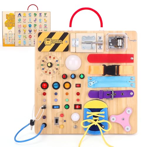 23 in 1 Busy Board Montessori Spielzeug ab 1 jahr Activity Board Spielzeug ab 2 3 jahre Holzspielzeug Sensory Spielzeug mit 15 Schalter,26 LED-Leuchten,Spieluhr,Schloss,Reißverschluss,Schnürsenkeln von Grarain