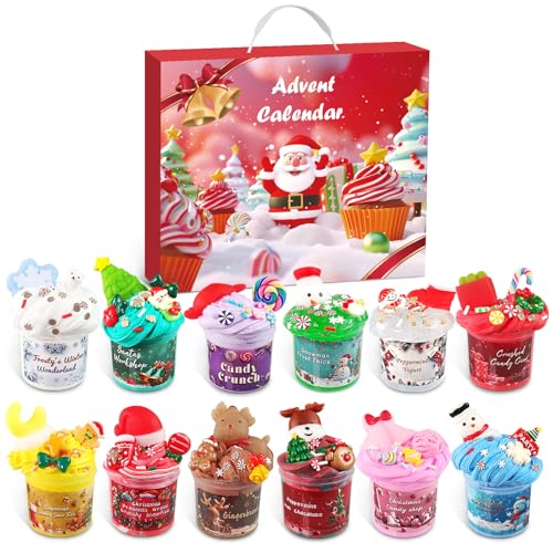 Adventskalender 2024 Kinder Mädchen Slime Adventskalender 12 Schleime mit Weihnachtsmotiven und 12 Pakete mit Schleim-Dekorationsteilen Weihnachts Countdown Kalender für Kinder Jungen Mädchen von Grarain