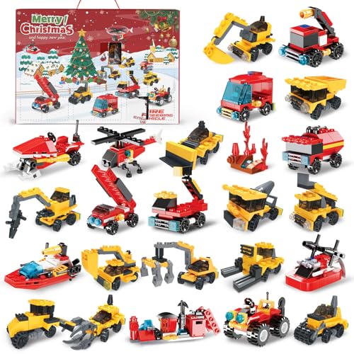 Adventskalender 2024 kinder 24-teiliges Technik- und Feuerwehrauto-Bausteinspielzeug adventskalender jungen 24 Tage Geschenke für Kinder Jungen Mädchen Weihnachts-Countdown-Kalender von Grarain