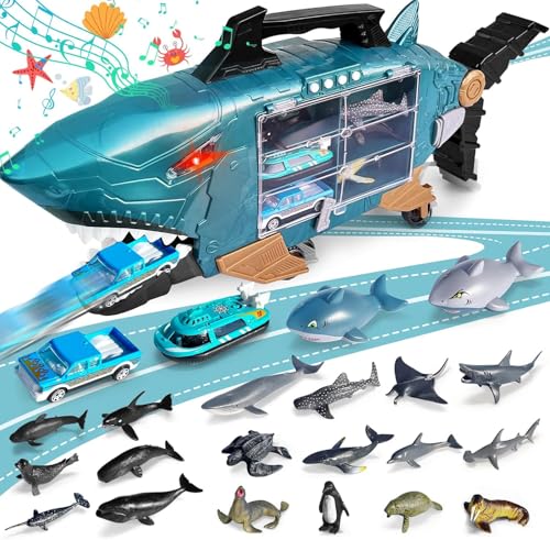 Shark Truck Toys Hai Spielzeug mit LED und Musik Auto Spielzeug für Kinder Monstertruck mit 2 LKW Spielzeug, 2 Hai Spielzeugautos, 18 Meerestiere Autotransporter Spielzeug für 3 Jahre alte von Grarain